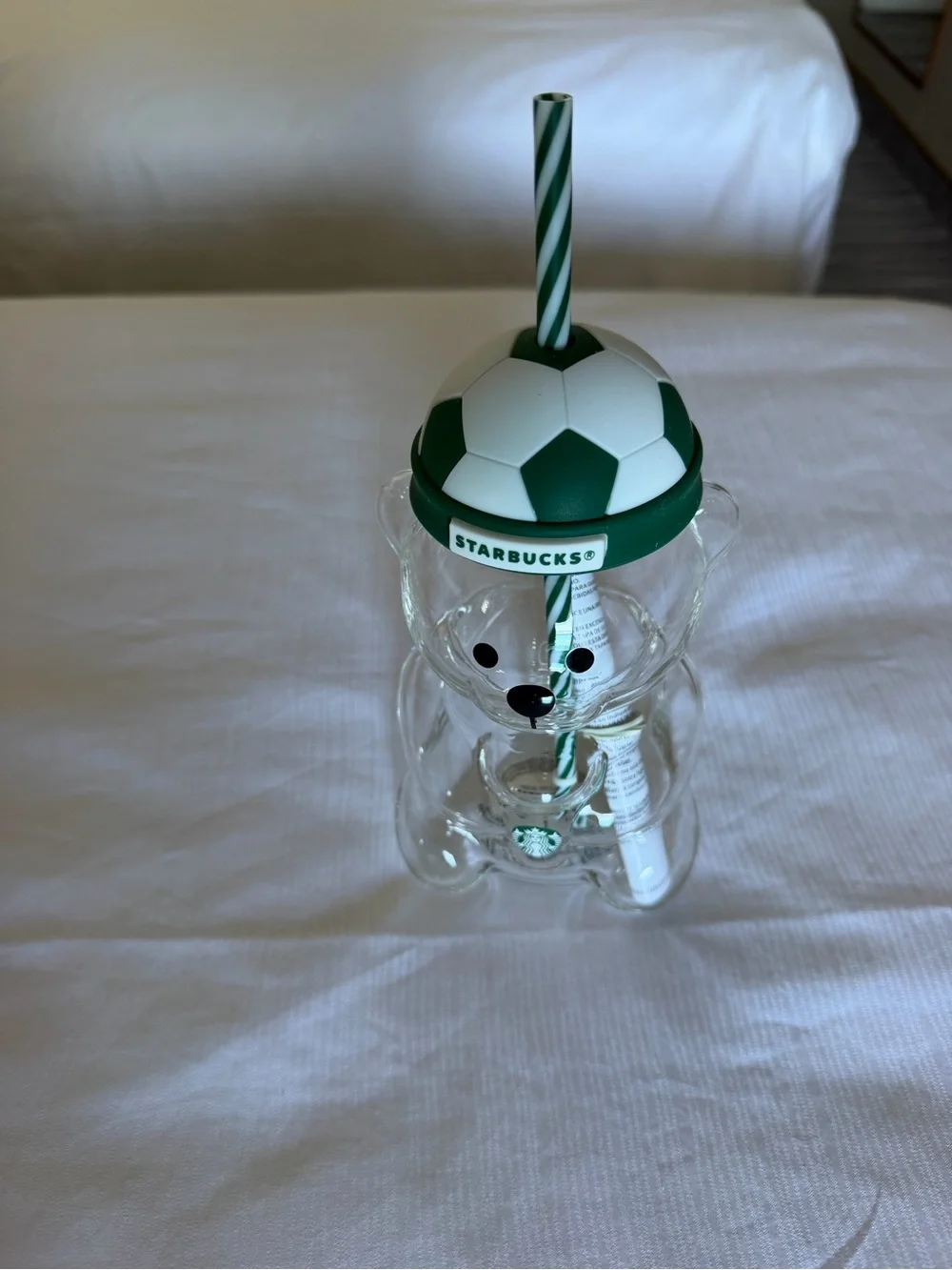 Starbucks Clear Bear Tumbler with Green Soccer Lid and Striped Straw